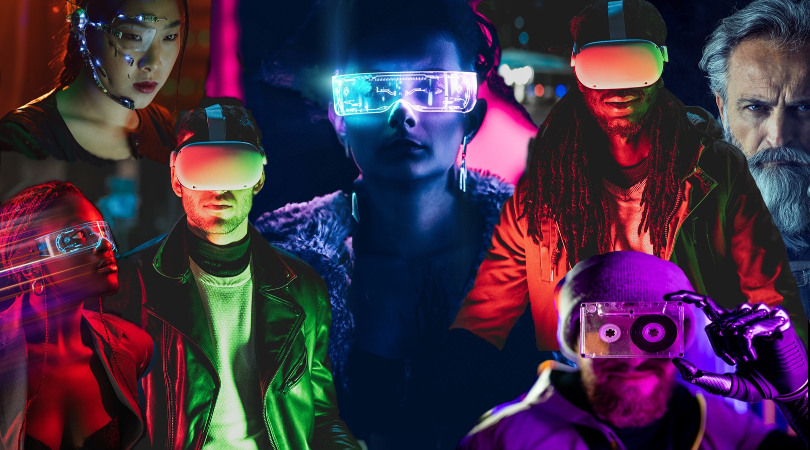Cyberpunk girl with one-eyed glasses and microphone uses computer in neon lights